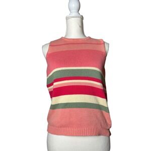 Y2K Knit Sleeveless Tank Top Retro Striped Cotton Pink Green Cream Vest Small‎